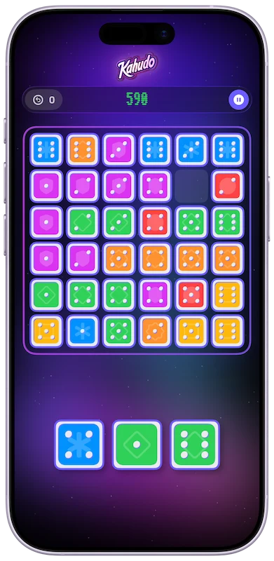 Dice Kahudo gameplay — colored dice combos on a 6×6 grid