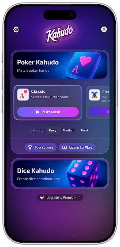 Kahudo home screen with game mode selection