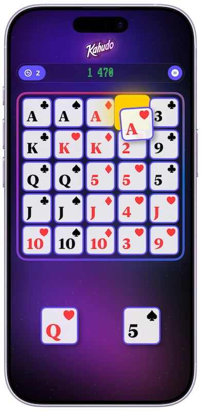 Poker Kahudo gameplay — card tiles forming poker hands on a 5×5 grid